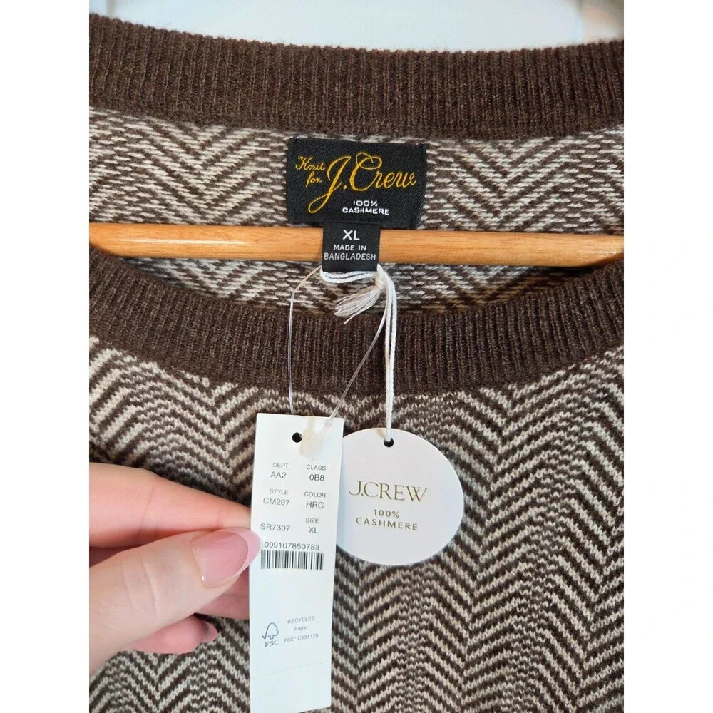 NWT J. Crew Mens Cashmere Crewneck Sweater Size XL Jacquard Herringbone